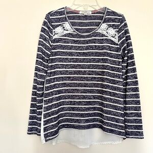 Rewind Women’s Navy & White Striped Lace Accent Crochet Long Sleeve Top